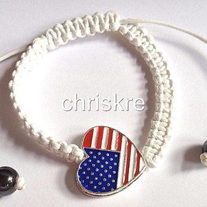 USA American Flag Bracelet White Rope Enamel Heart Patriotic July 4th Adjustable